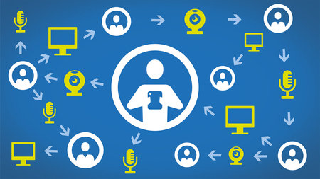 Icons mit Computer-Hardware. In der Mitte das Icon eines Menschen, der einen Tablet-PC i nden Händen hält.