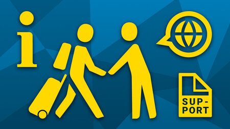 Yellow-blue graphic with multiple icons
