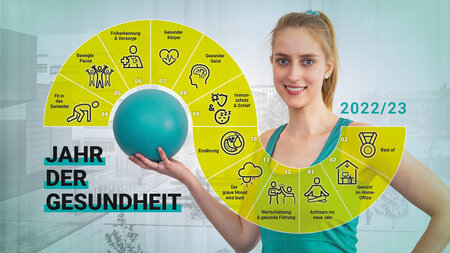 A young woman holds a ball. Under it is written ‘Year of Health’.