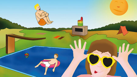 Gezeichnetes Bild zeigt Kinder in einem Schwimmbad beim Springen vom Sprungturm und beim Baden.
