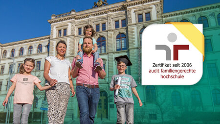 Eine Familie mit drei Kindern läuft vor einem historischen Gebäude, daneben ist ein Logo mit Schriftzug zu sehen.