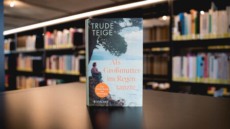 Ein Buch steht auf einem Tisch, der vor einem Bücherregal steht.